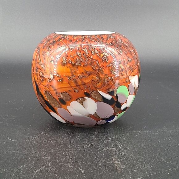 Art Glass Globe Bowl Vase Cased Copper Multicolor - Picture 1 of 4